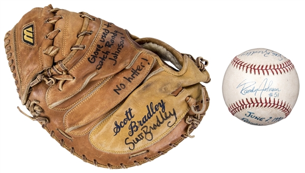 1990 Scott Bradley Game Used and Signed Glove and Baseball (Also Signed by Johnson) from Randy Johnsons Historic No Hitter Game 06/02/90 (Bradley LOA & Beckett) 